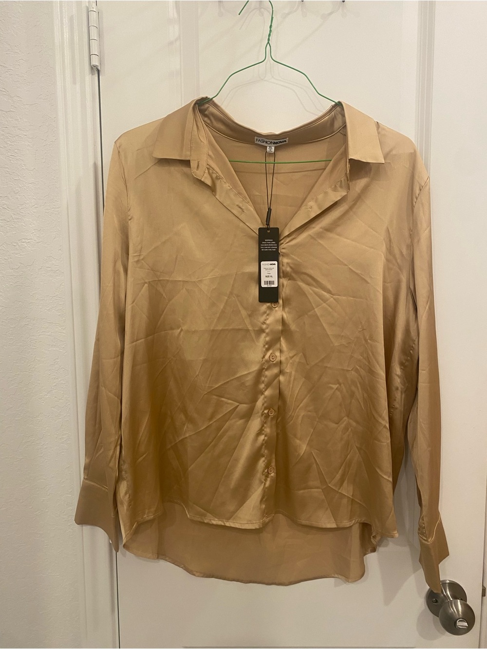 Fashion Nova Beige Satin Button-Down Shirt - Picture 2 of 3